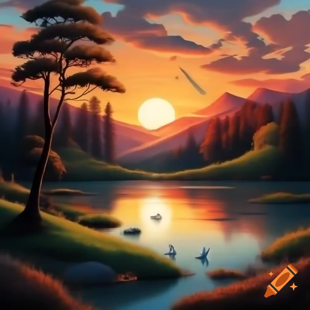 Beautiful landscape with trees, hills, lake, sunset reflection, and swans