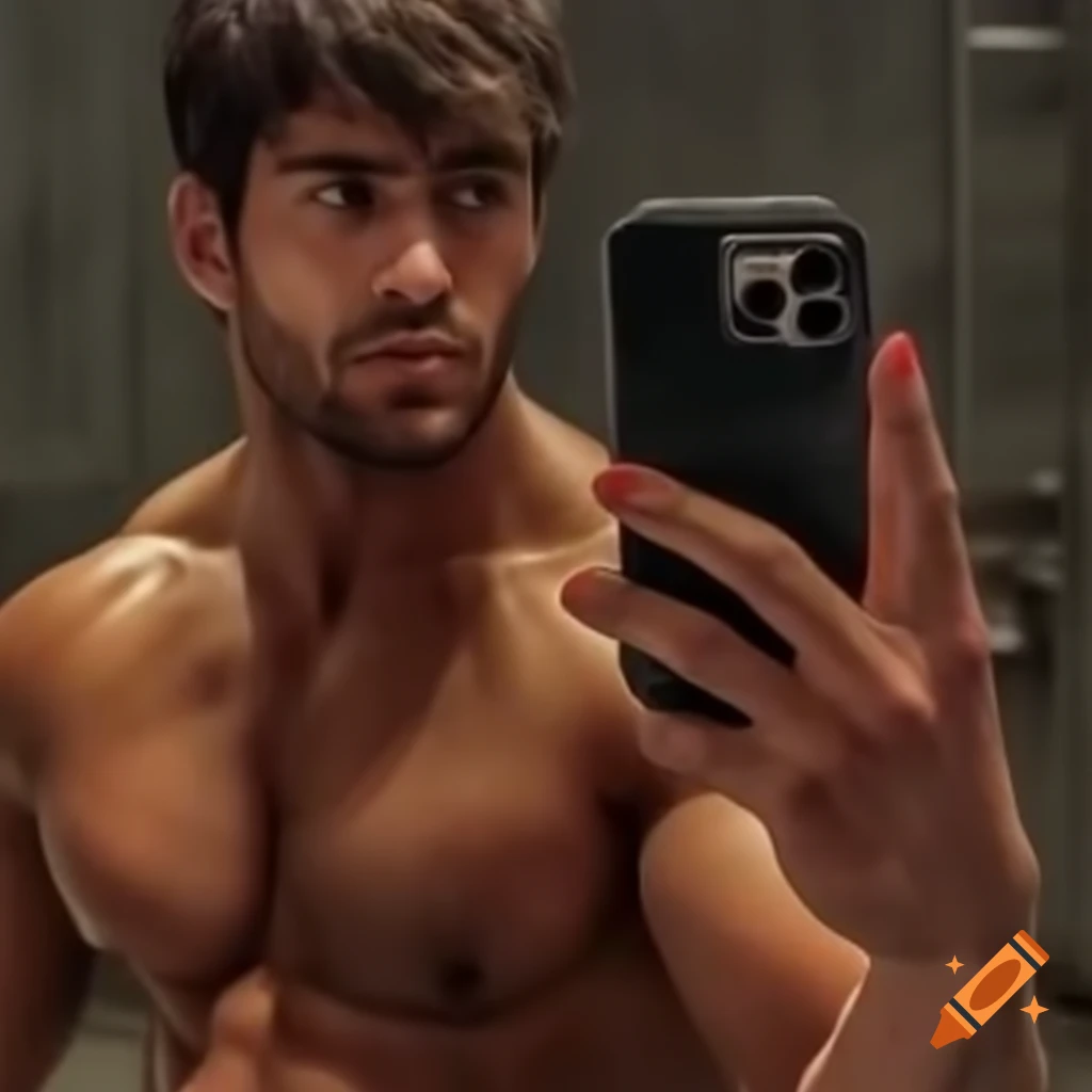 Rugged man taking mirror selfie showcasing strong physique and