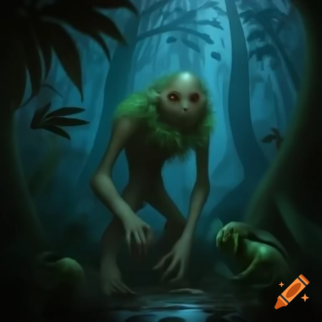 Nighttime forest scene with zombies and a monster