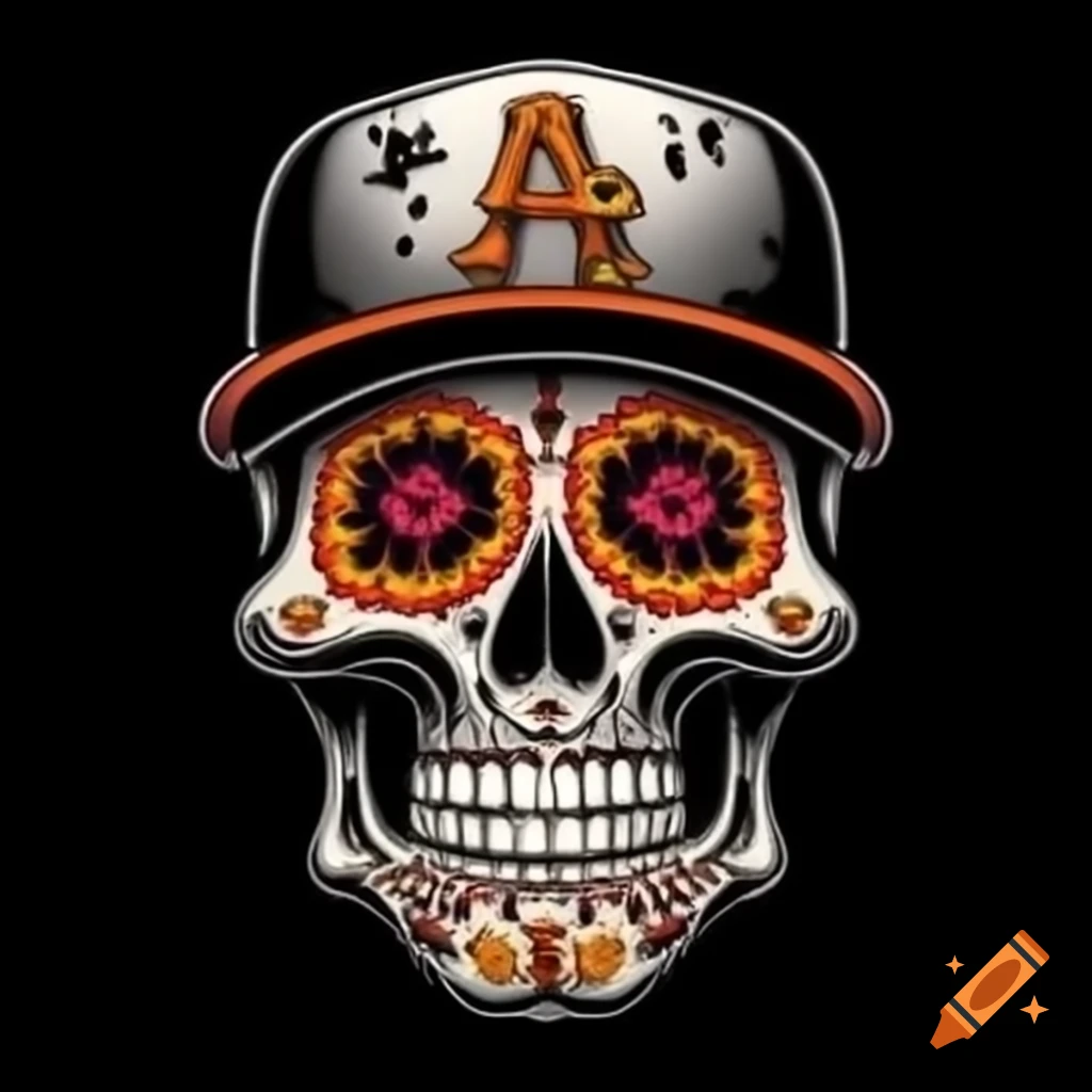 Vibrant Día de Muertos sugar skull with baseball cap featuring 'H'