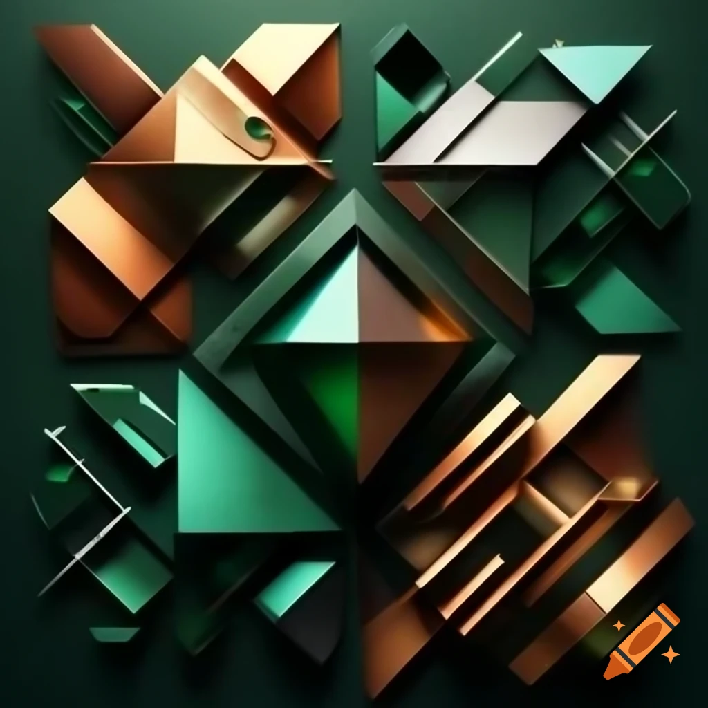 Bold overlapping geometric shapes with metallic colors and glossy texture