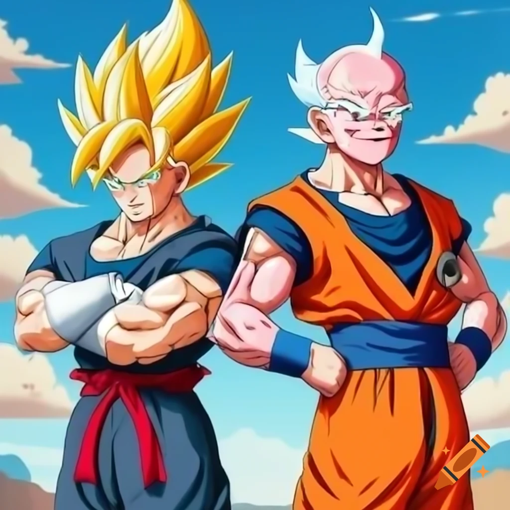 Anime style battle featuring Joe Biden as Goku and Donald Trump as Vegeta against Frieza