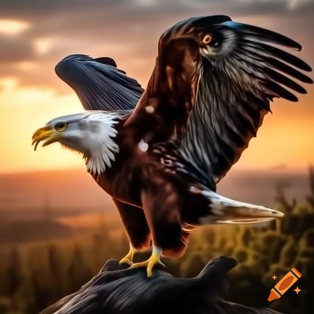 Majestic bald eagle with wings spread against golden sunset