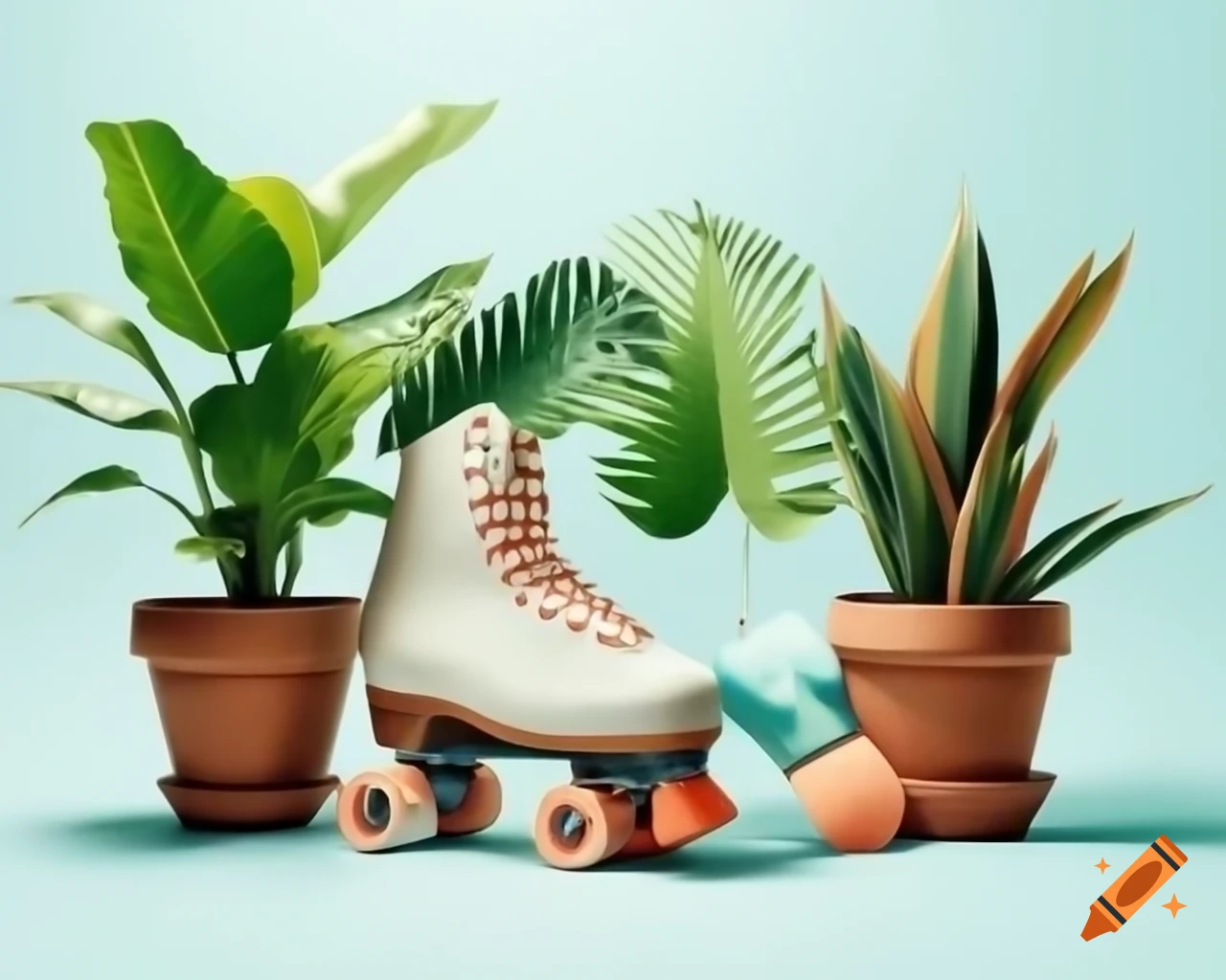 Roller skates and tropical plants on white background with text 'Got plants? Got skates? Got accessories'