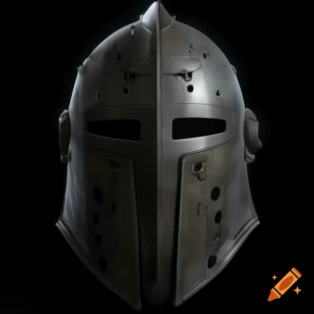 Battle-worn dark steel helmet with glowing magical runes