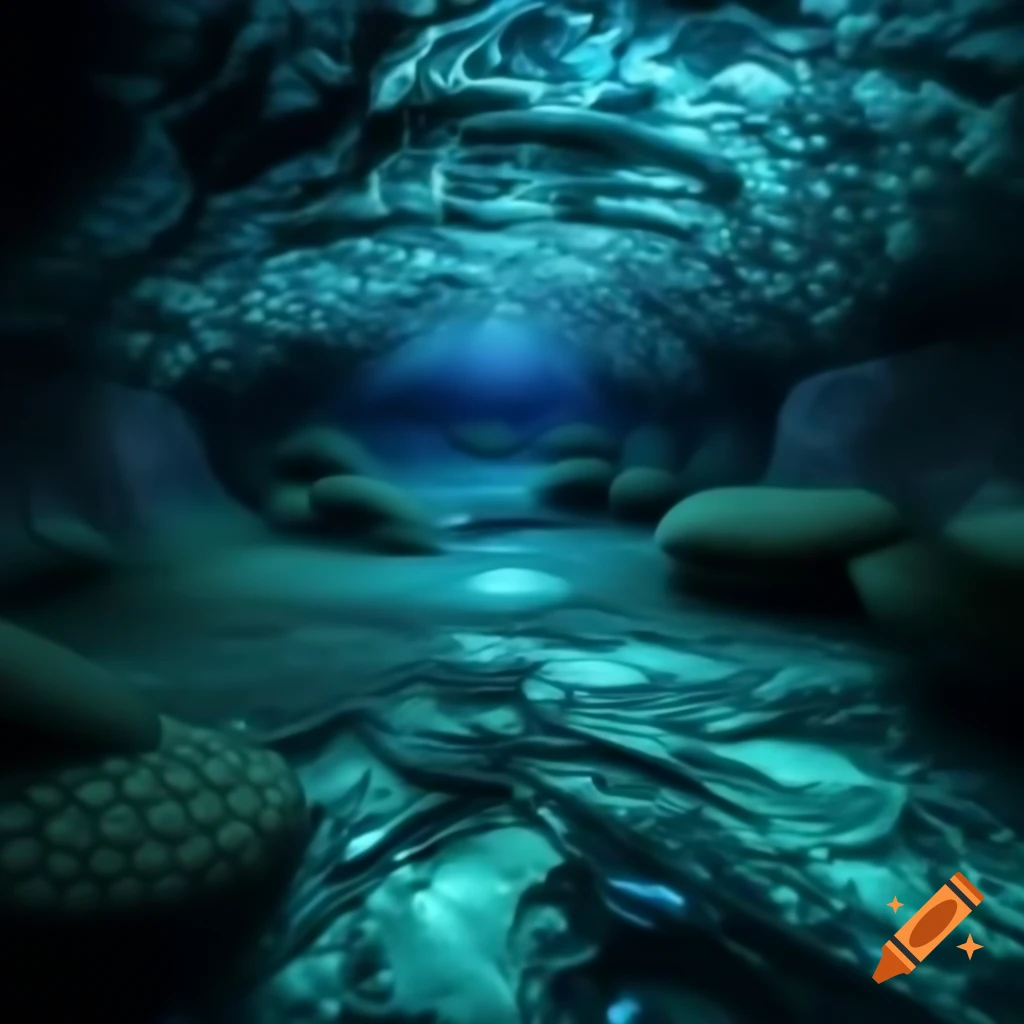 Underground metropolis with crystalline spires and bioluminescent algae