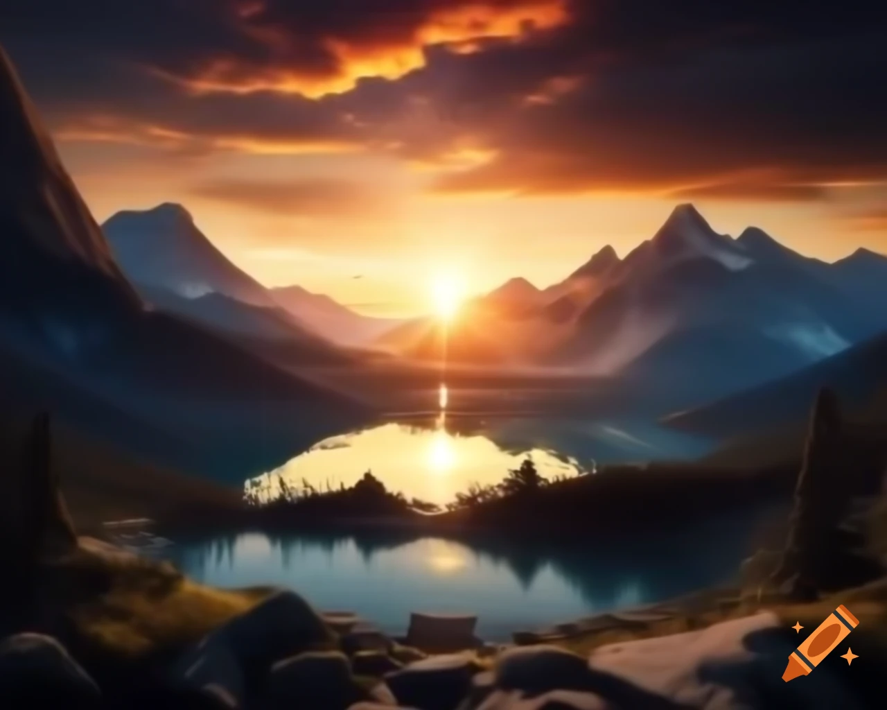 Photorealistic 3D render of mountain lake at sunset with sun rays and island