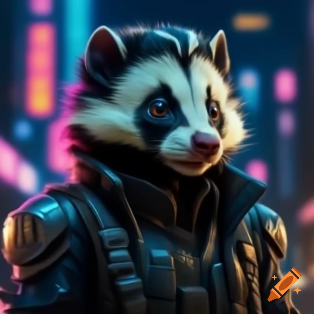 Spotted skunk in cyberpunk dystopia wearing futuristic military uniform in neon city