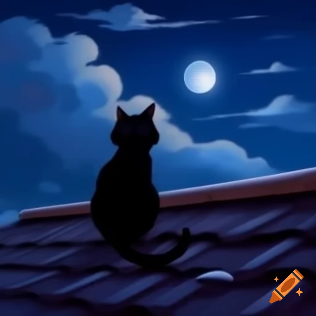Black cat sitting on roof during twilight with moonlight and clouds