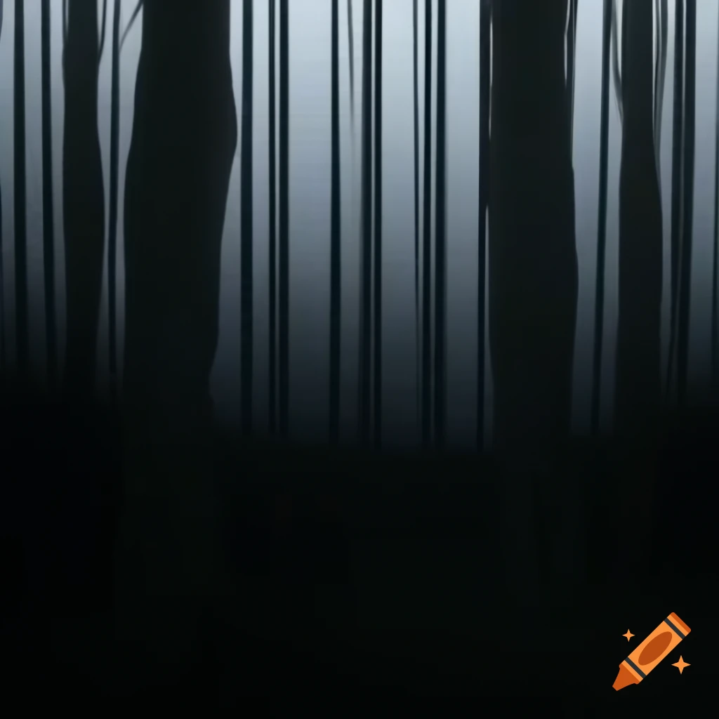Misty forest with gnarled trees and crows in the distance