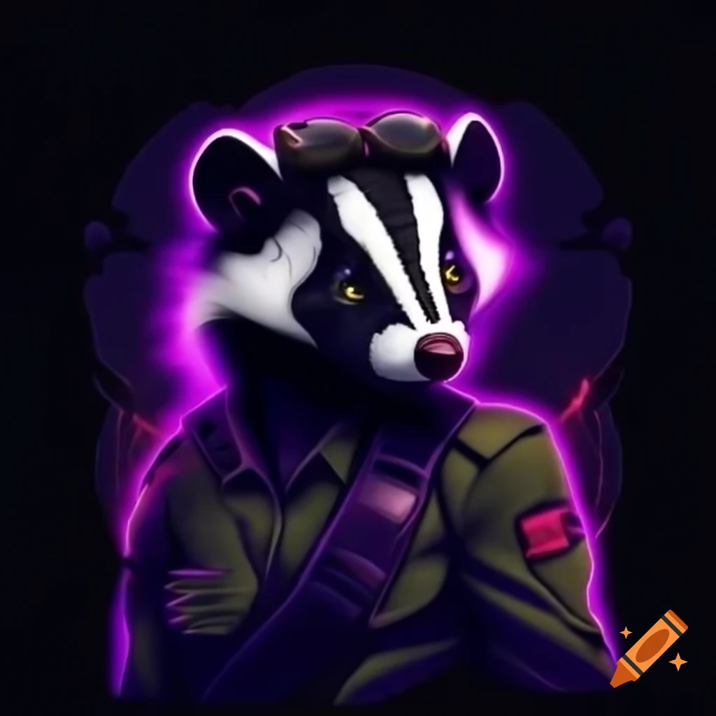 Spotted skunk in cyberpunk dystopia with military uniform in neon midnight city