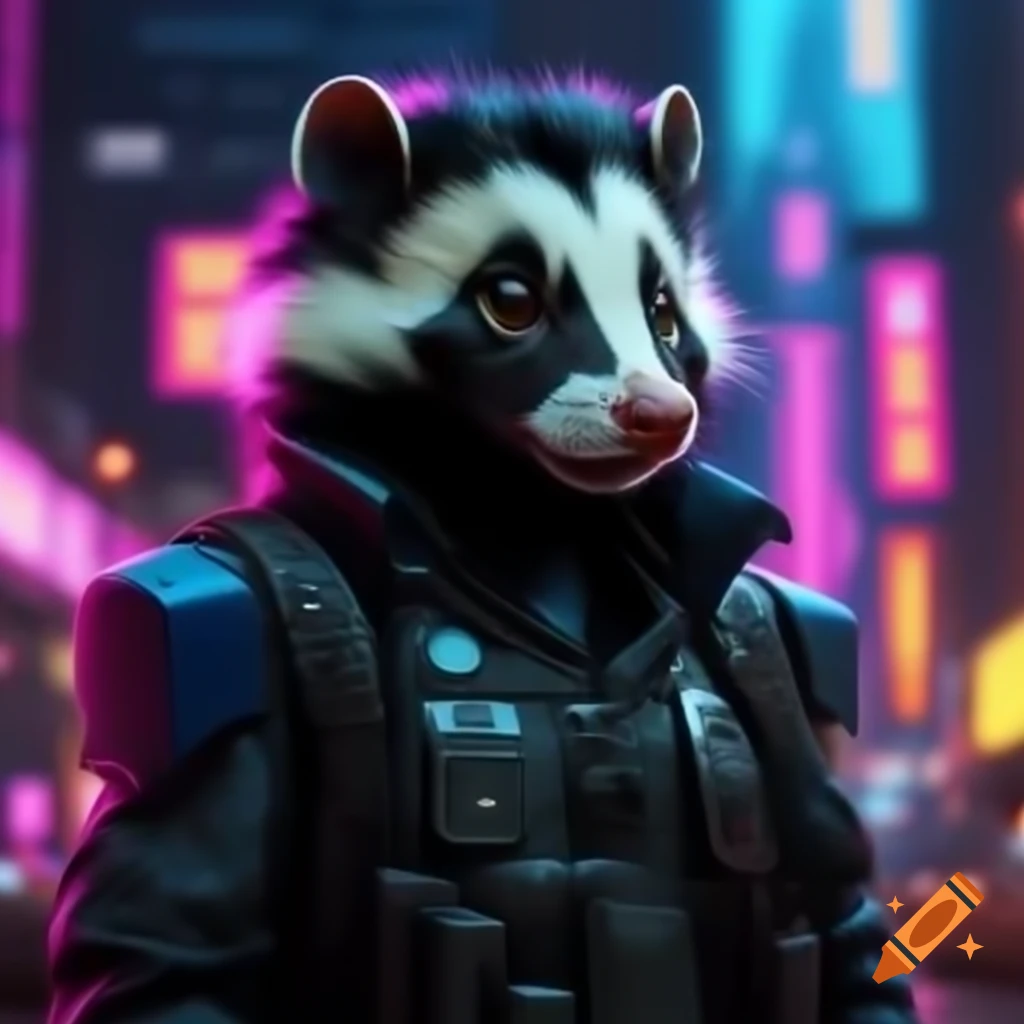 Spotted skunk in cyberpunk dystopia wearing futuristic military uniform in neon city