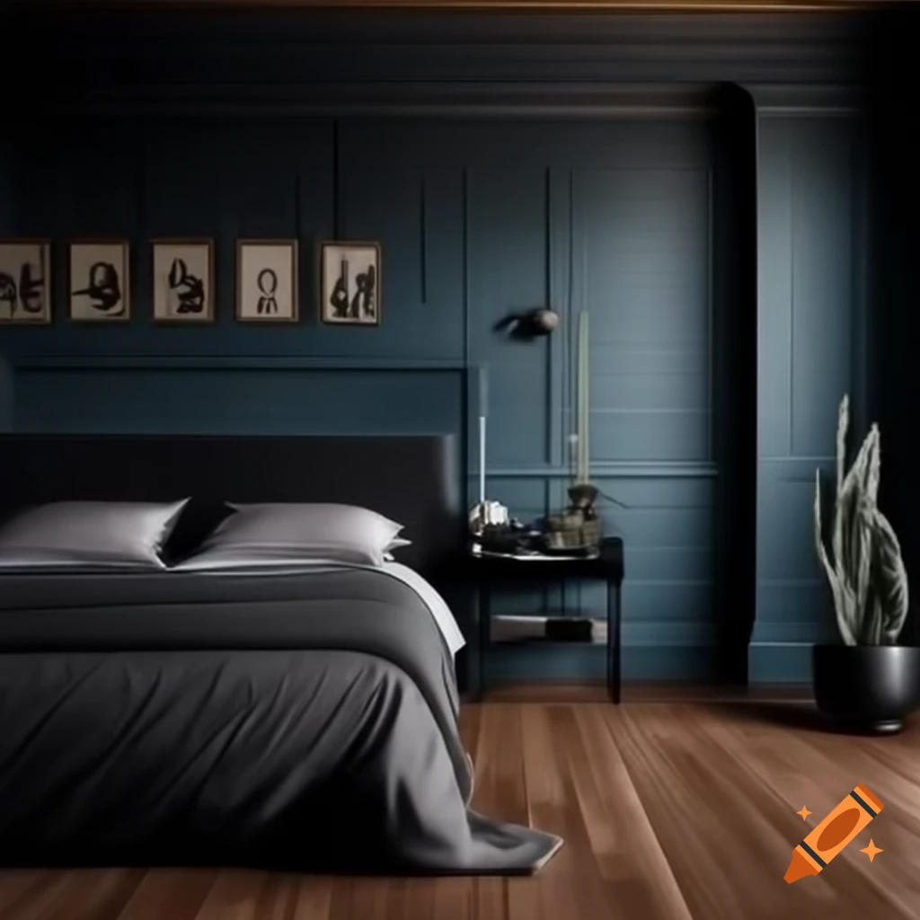 Demure bedroom with study corner, soft slate blue and charcoal grey walls