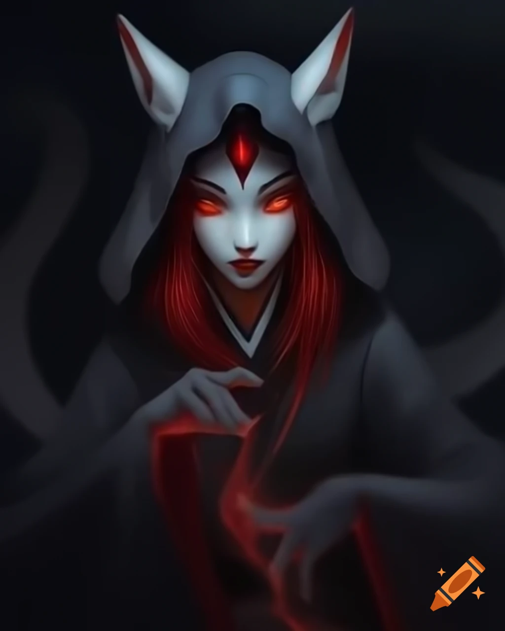 Asian woman wearing kitsune mask in dark fantasy setting