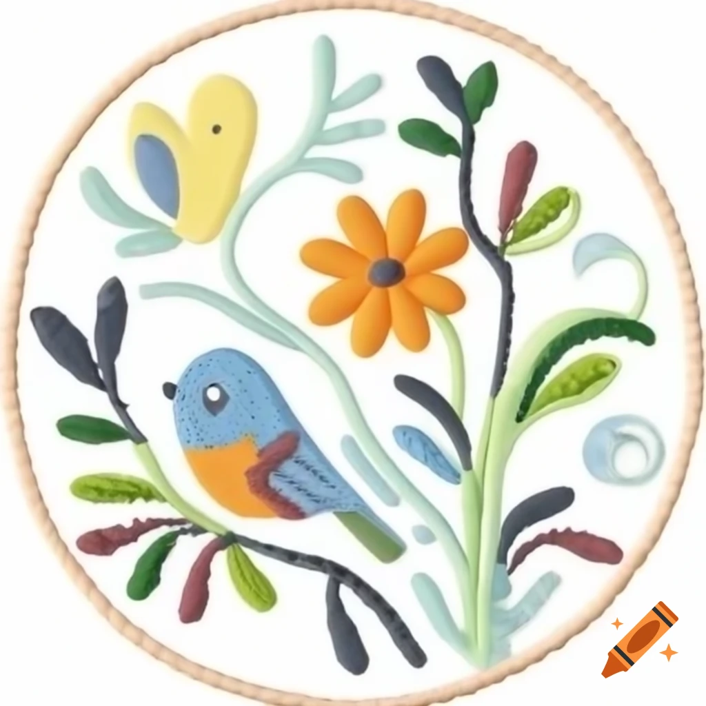 Embroidery featuring flower circle with a bird design