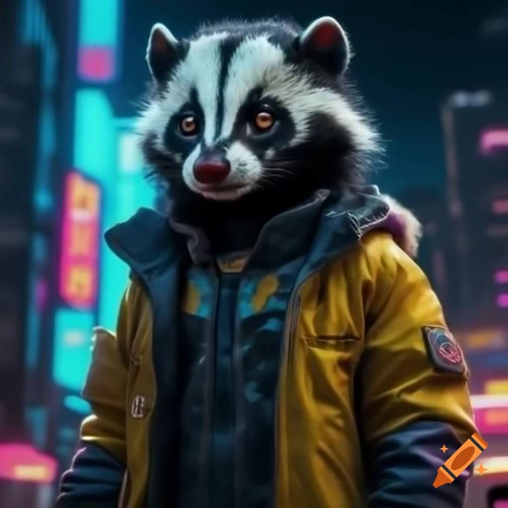 Close-up of skunk in futuristic jacket with LED lights in neon city