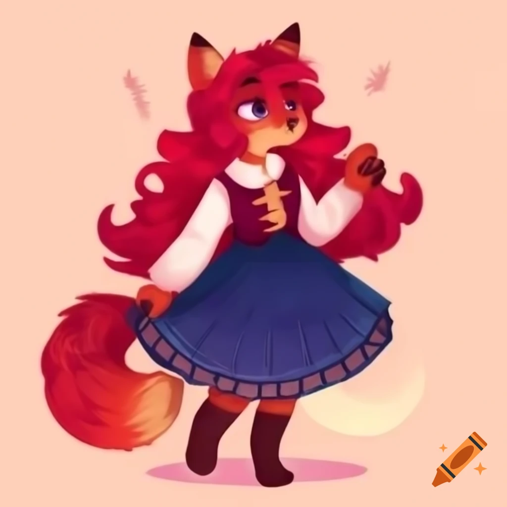 Charming cartoon femboy anthropomorphic fox with red hair and playful skirt