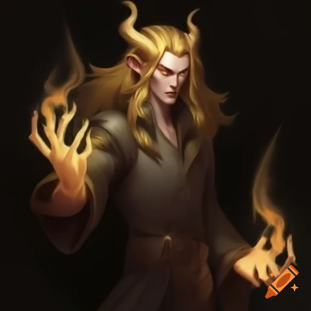 Slender human demon with golden blond hair and large horns casting magic