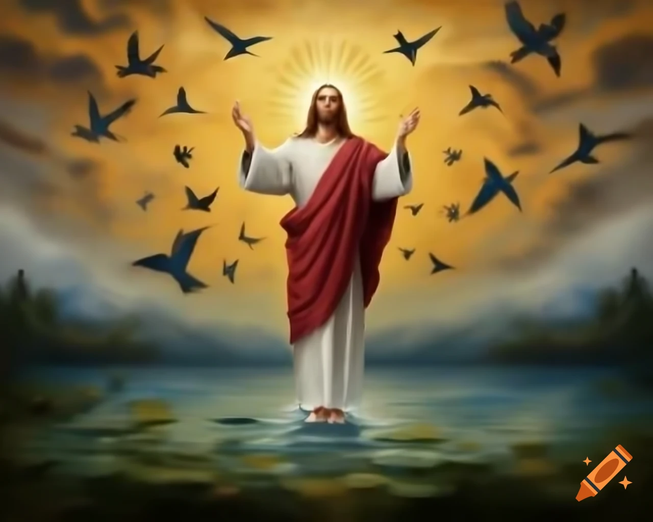 Mosaic painting of Jesus with birds and water by Svetoslav Roerich
