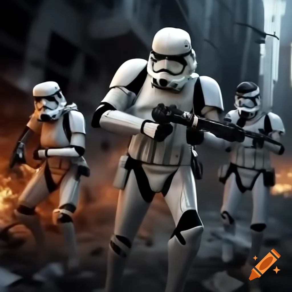 Stormtrooper squadron advancing in a ruined cityscape