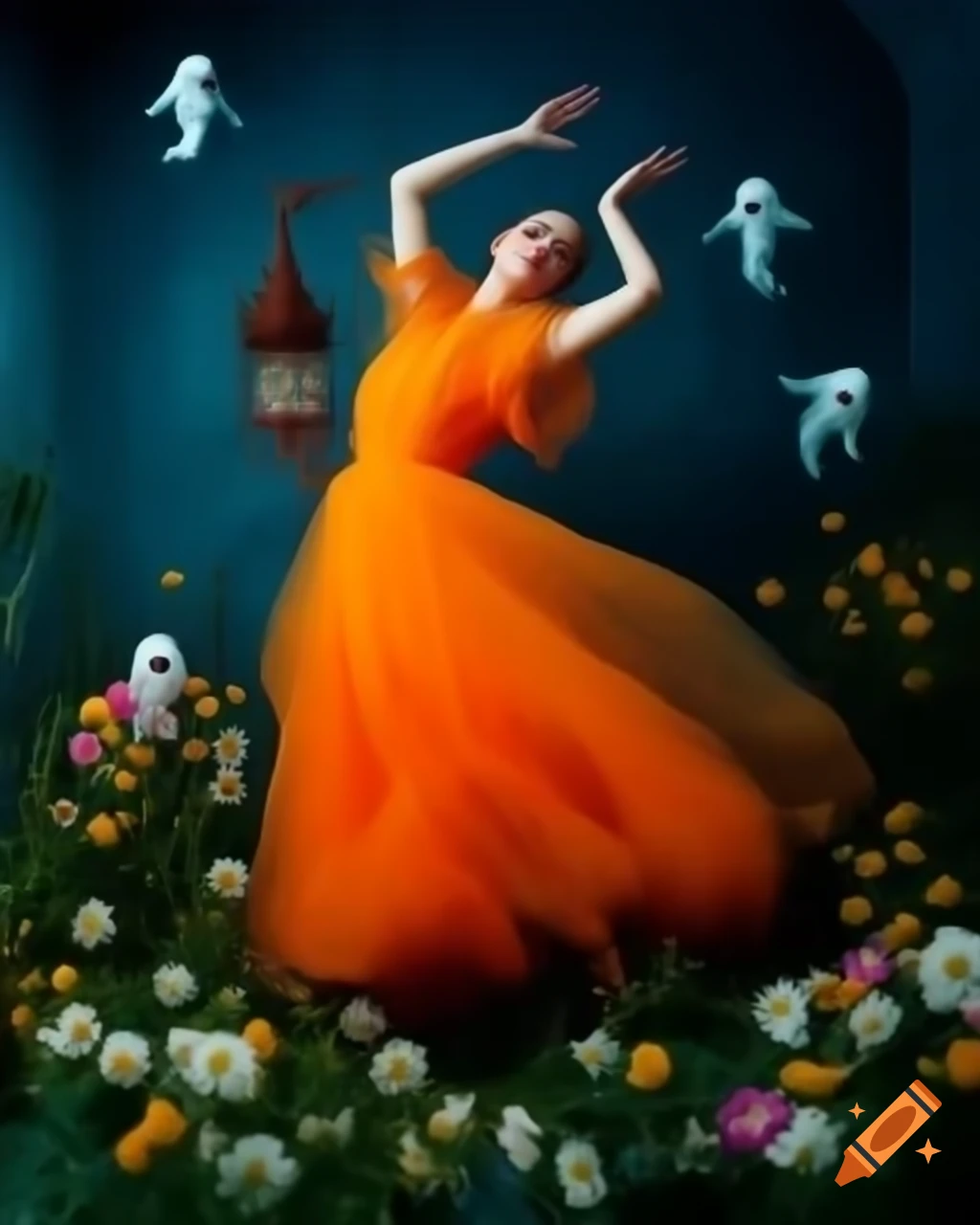 Woman in orange dress dancing in vibrant solarpunk floral setting with ghostly spirits