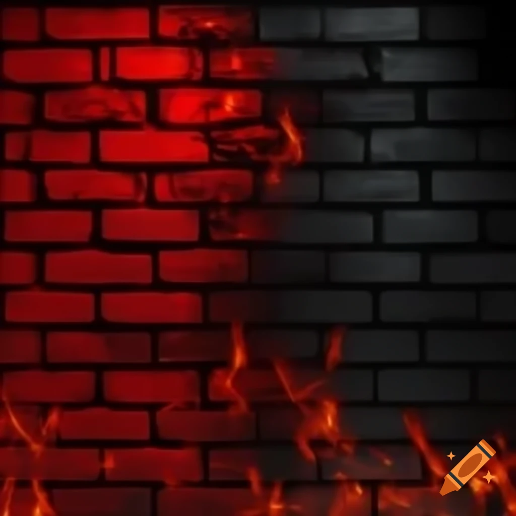 Dark brick wall illuminated with blood red flames