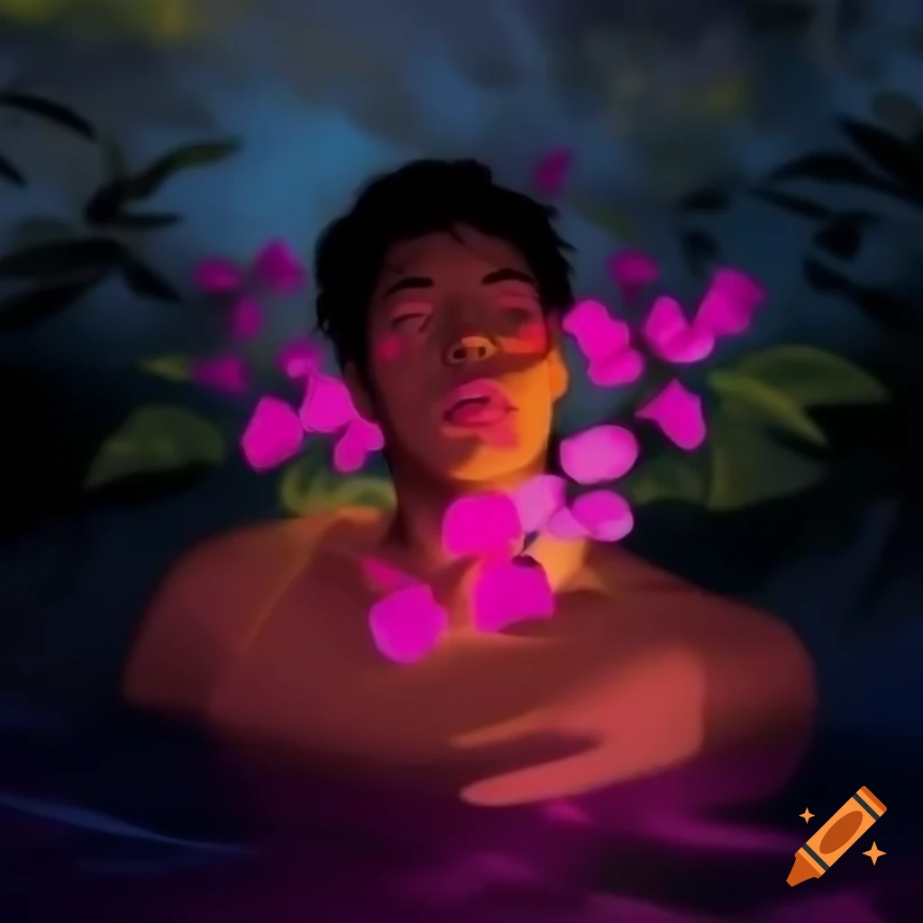Portrait of a man in nature with fuchsia and peach blooms at dusk