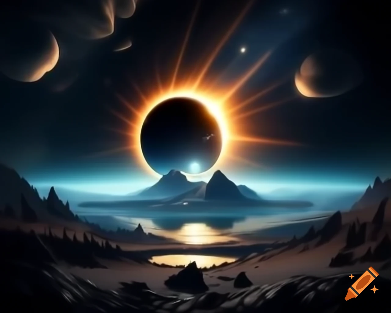 3D mountain lake at sunset with sun rays and island background