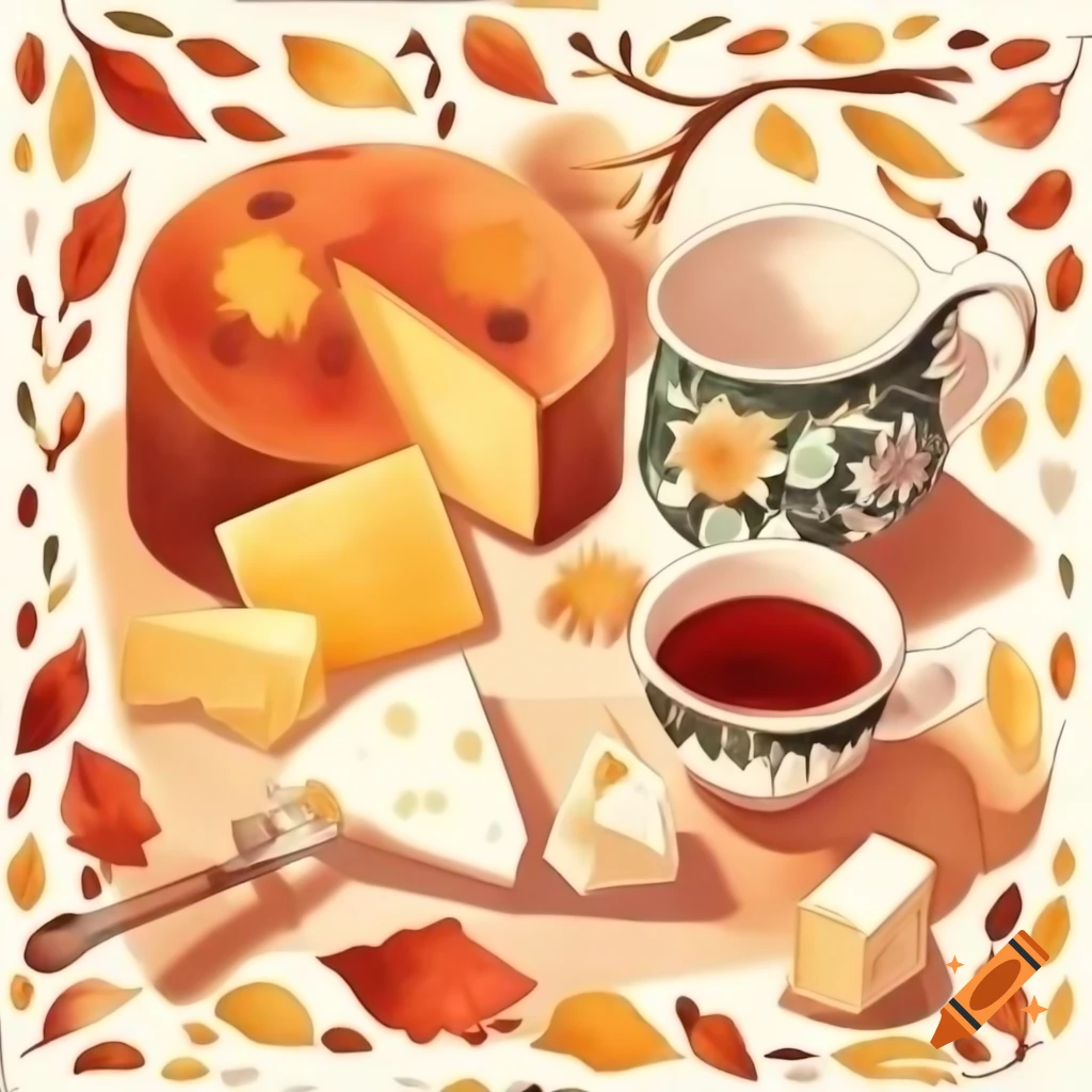 Whimsical anime-style watercolor of cheese, tea, and autumn leaves