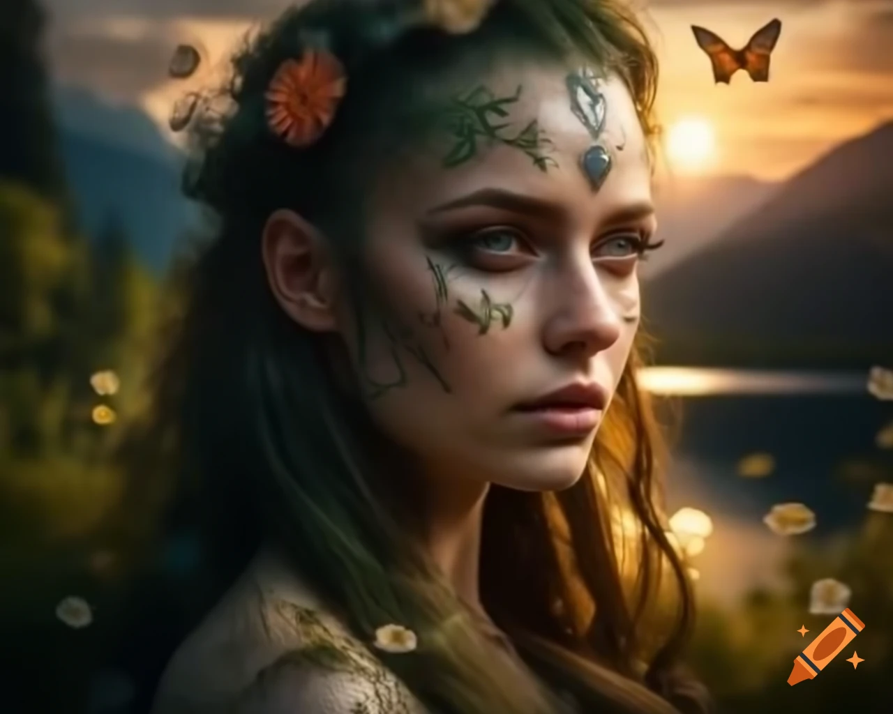 Hyperrealistic portrait of mystical Norse Celtic woman with floral hair and butterflies