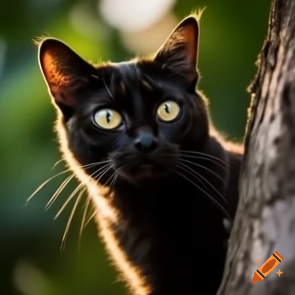 Black cat with golden eyes resting on tree in sunlight