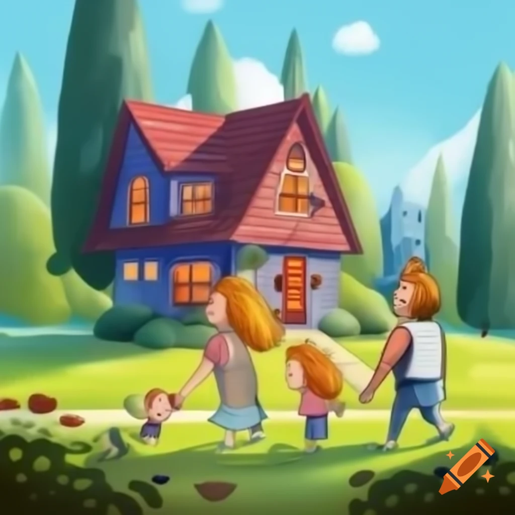 Animated toddler with parents in front of a beautiful house