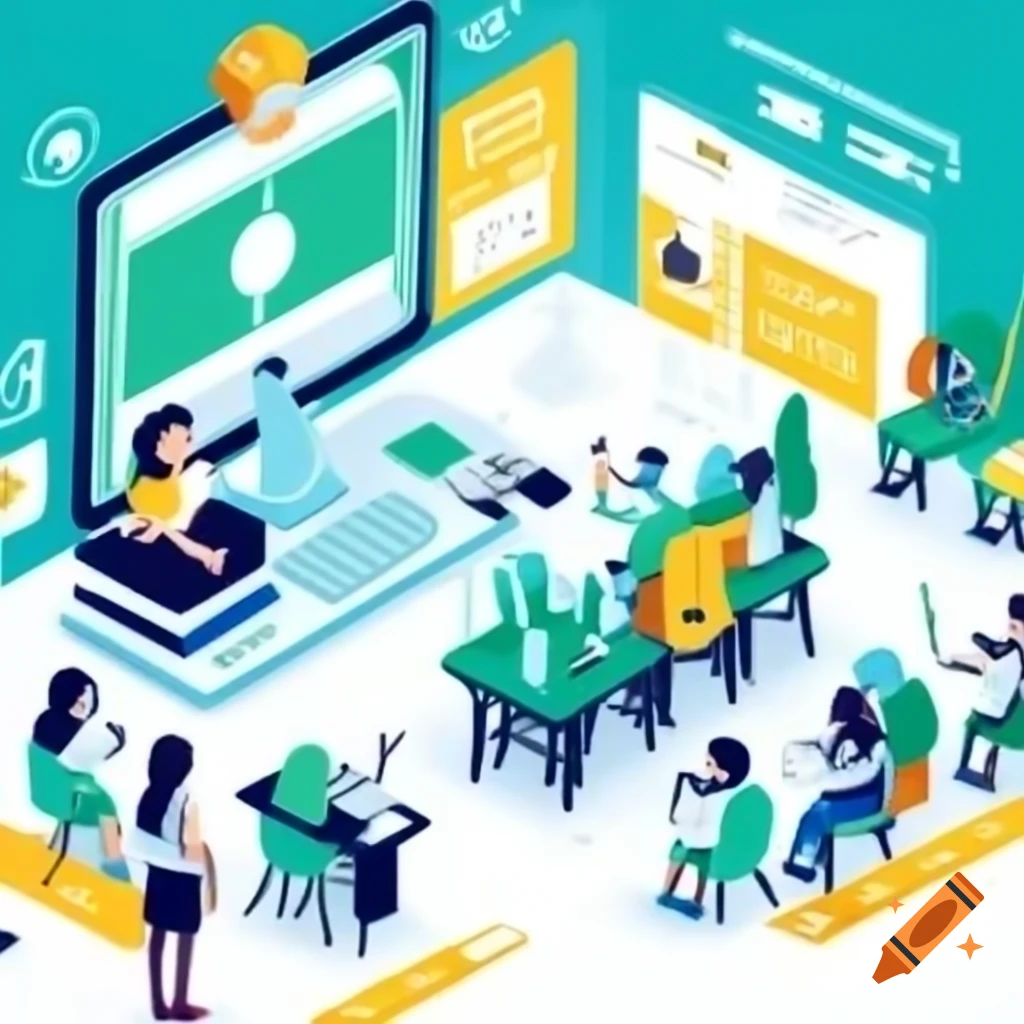Vibrant 3d render of college resources including library and student