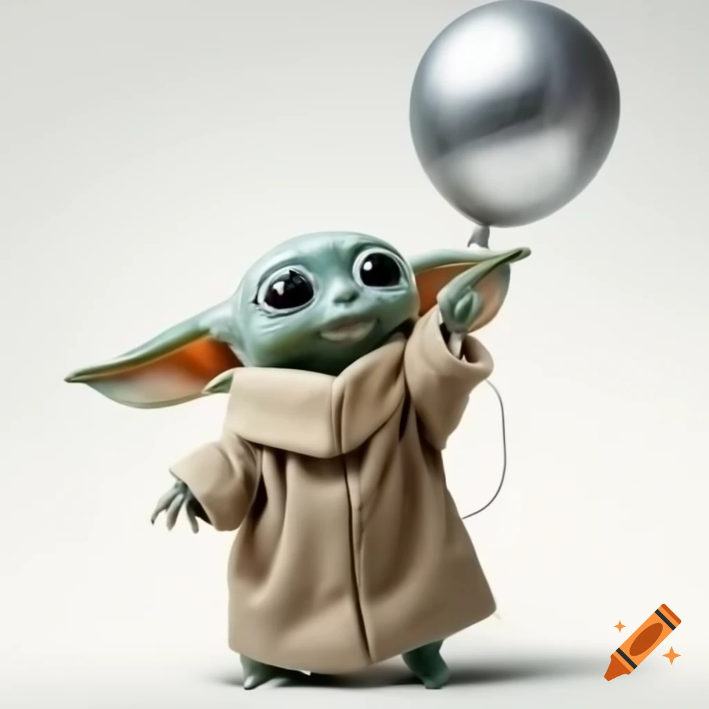 Grogu holding a big silver balloon in playful pose against white background