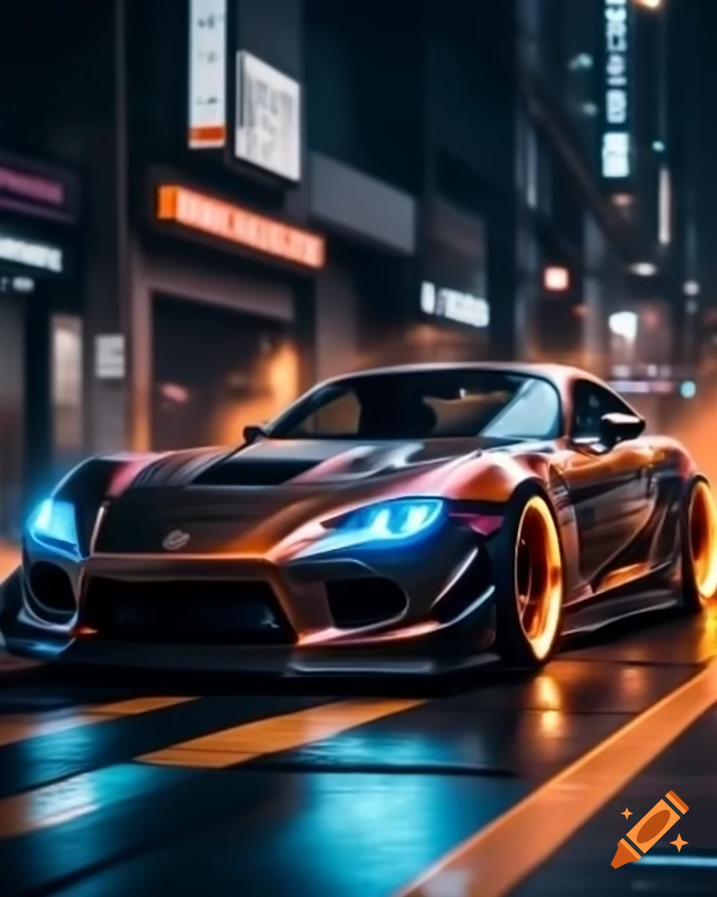 Hyperrealistic futuristic Mazda RX7 on modern city road