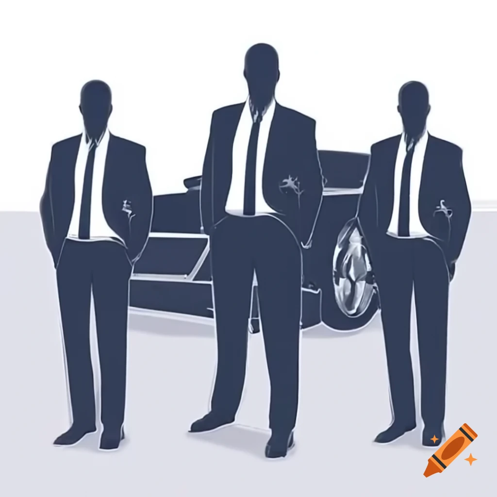 Three distinguished businessmen in tailored suits by stylish sports car