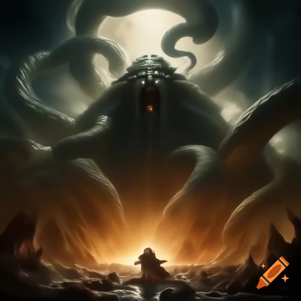 Colossal aberration with shimmering scales emerging from a dark chasm
