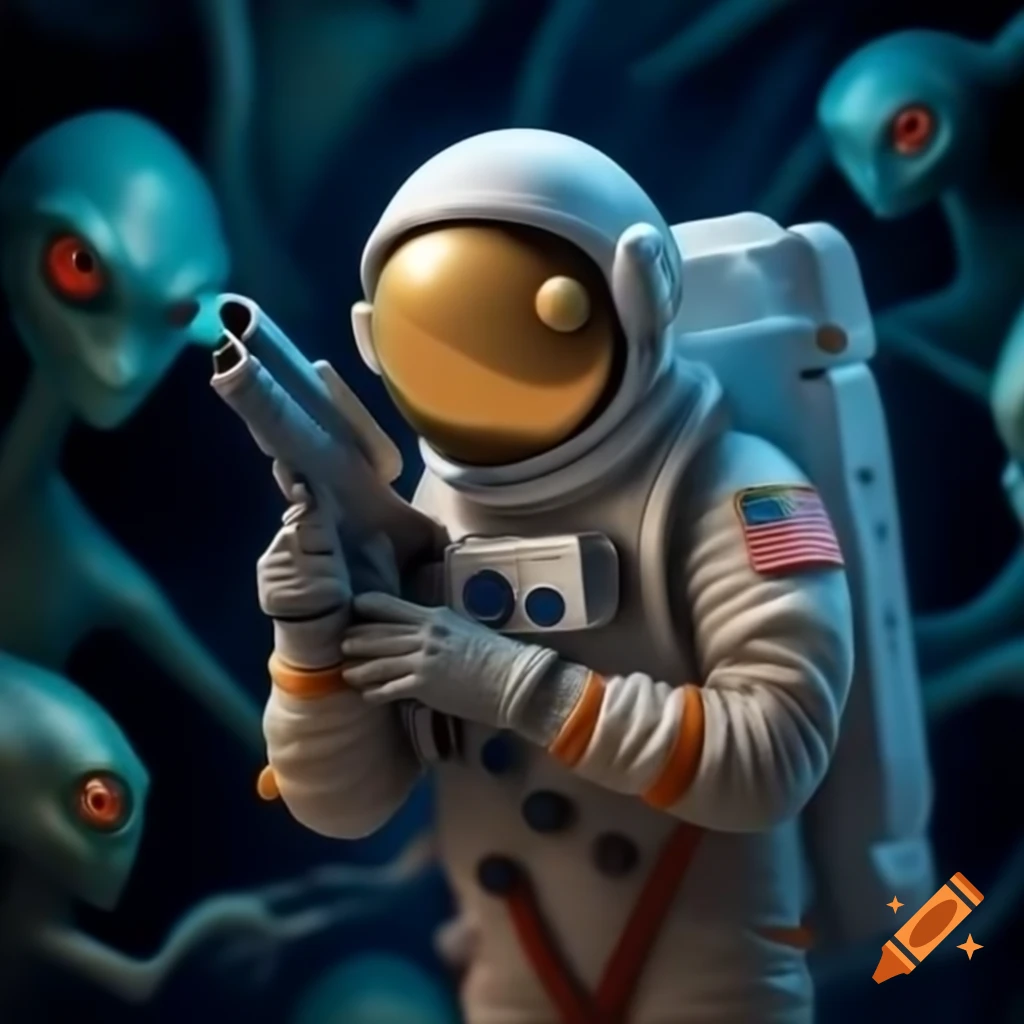 Astronaut shooting at aliens in outer space