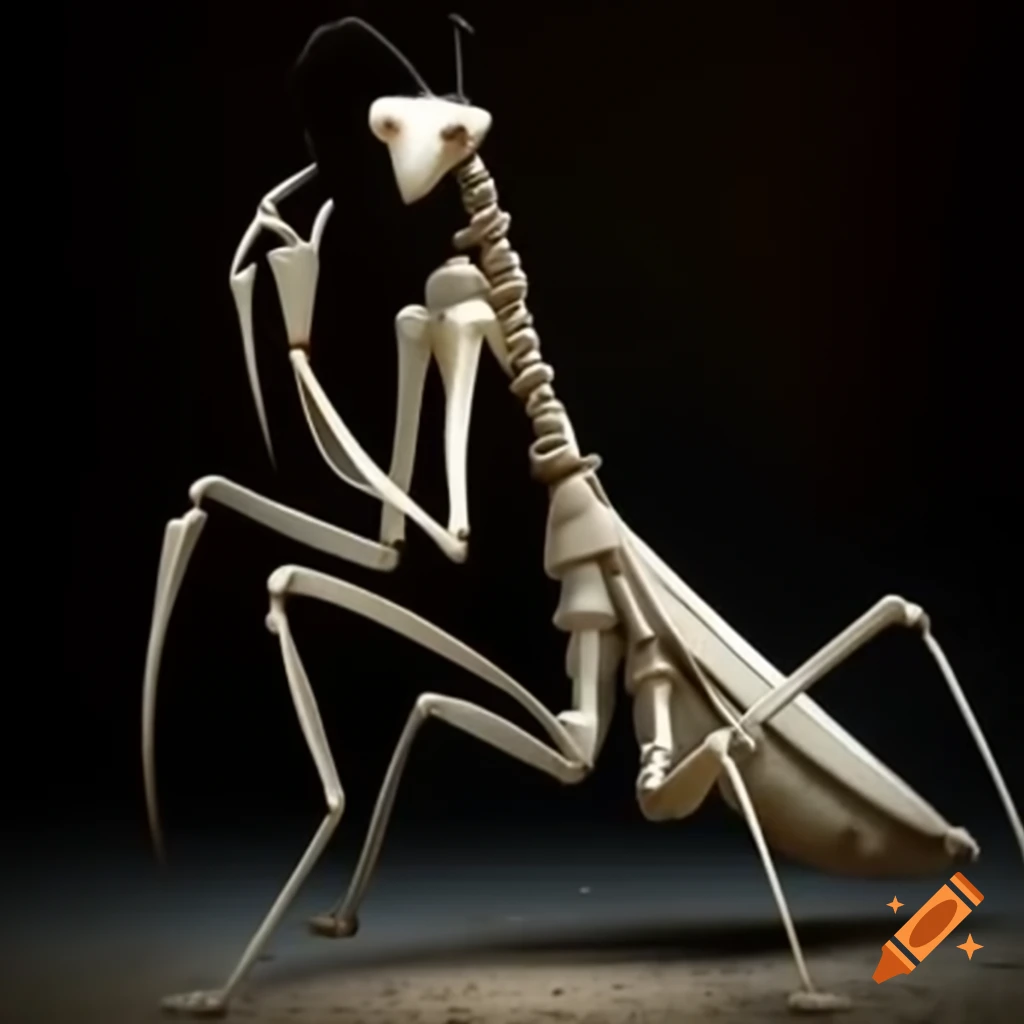 Skeletal mantis made of gleaming bone, poised and silent