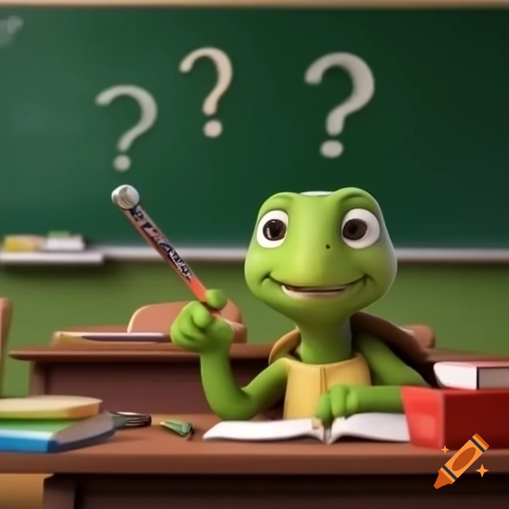 Green turtle studying math at a classroom desk
