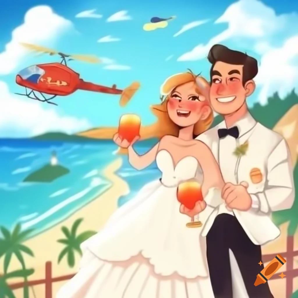 Joyful couple in wedding attire celebrating on beach with champagne and Aperol spritz