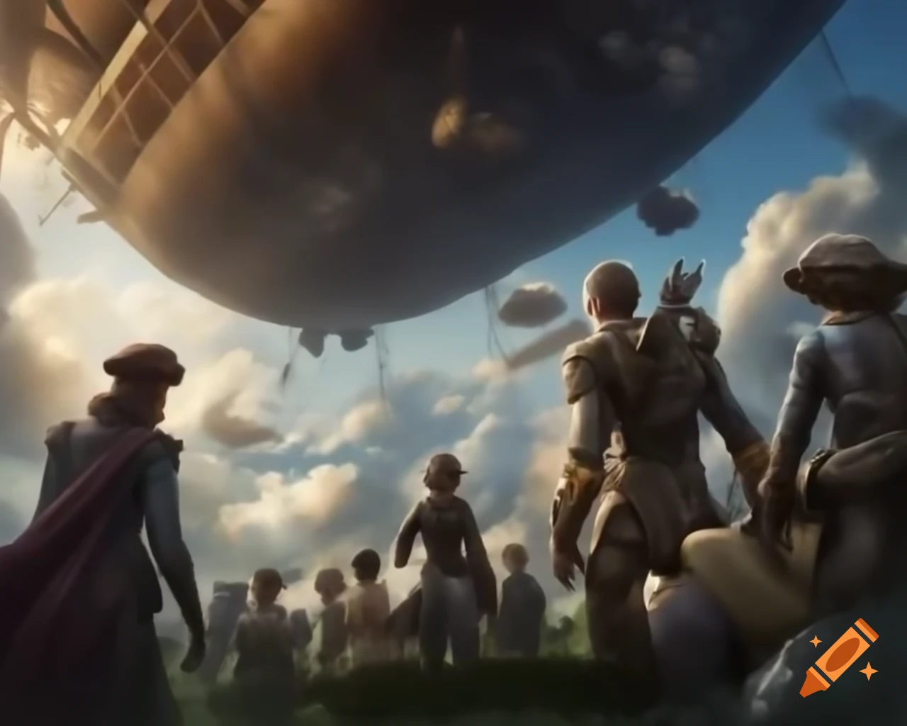 Steampunk airship soaring through clouds with clockwork details