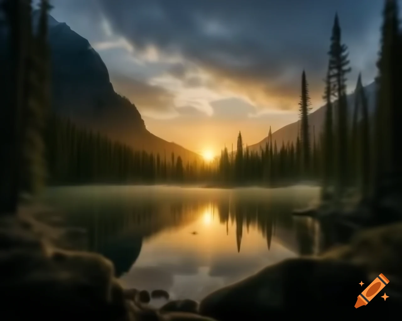 Photorealistic landscape of mountain lake with island and sun rays, featuring lemon monster sculpture