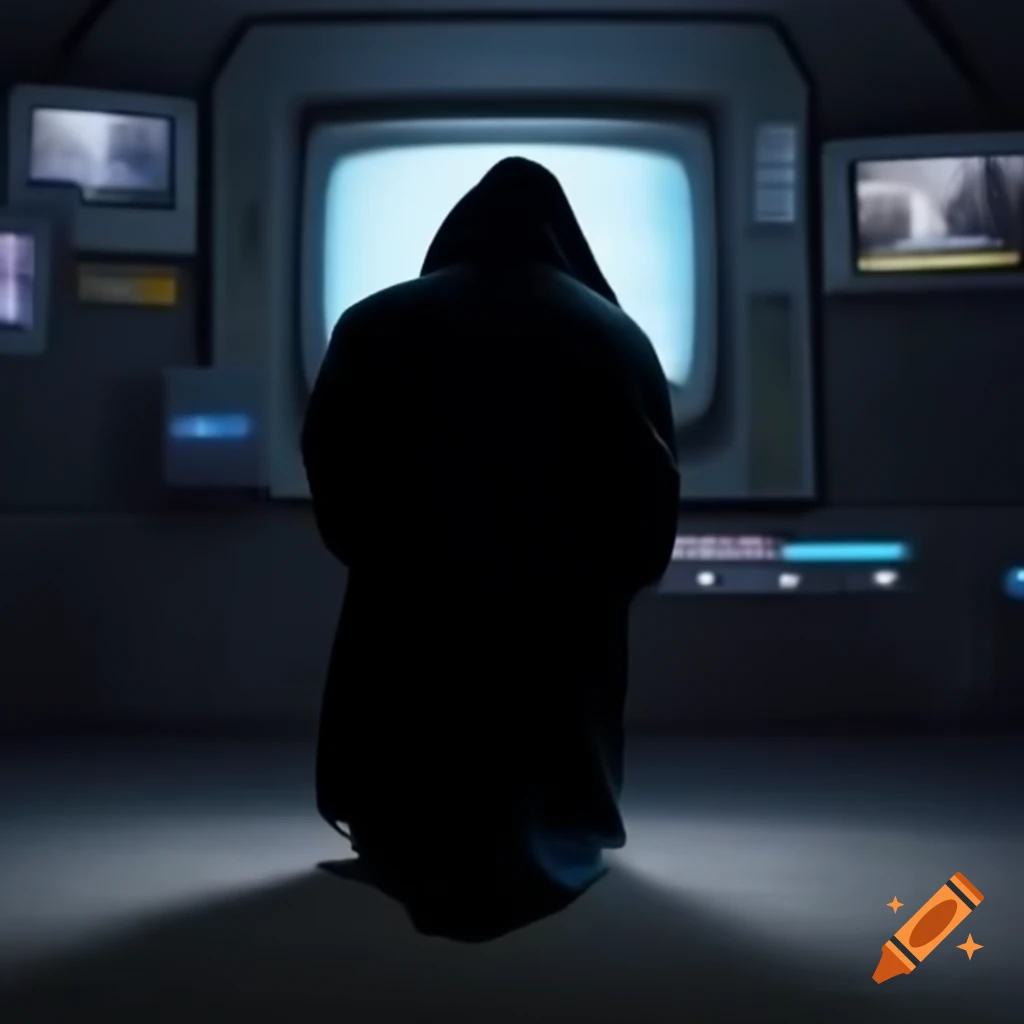 Man in black robes watching television in a dark sci-fi room