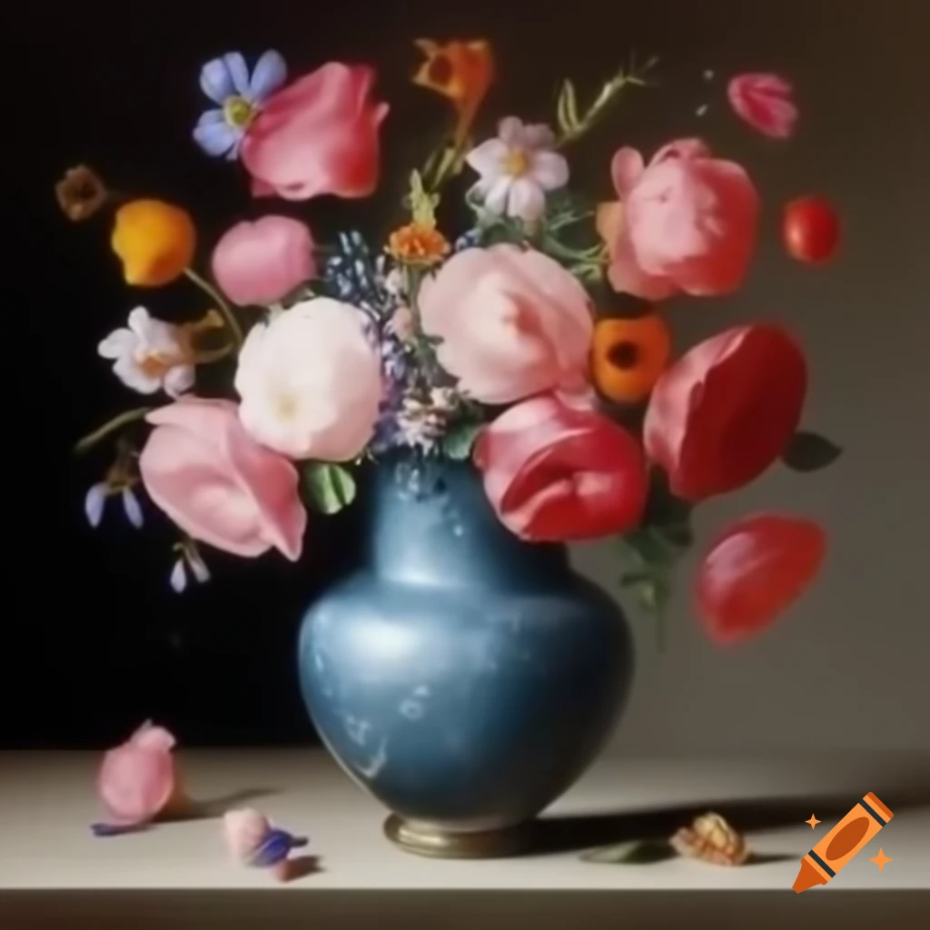 Still life painting of a flower vase with detailed petals, light and shadow play, and reflections