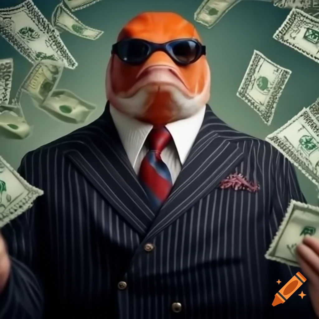Anthropomorphic fish in pinstripe suit with dollars in pockets