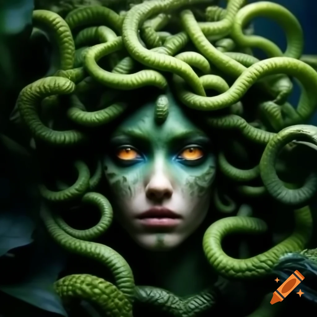 Vibrant Medusa emerging from shadows in lush jungle