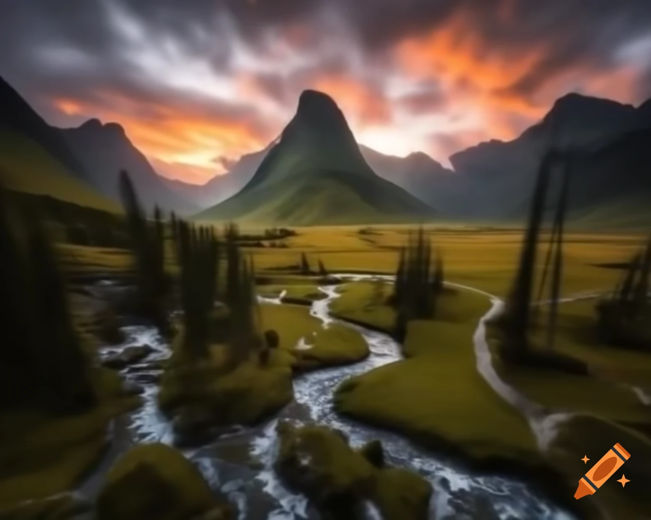 Majestic mountain range towering above winding river