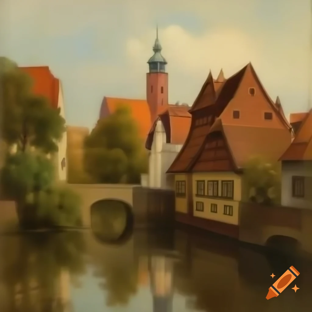 Oil painting of Grundenberg bridge in Tobias van der Weidenberg style