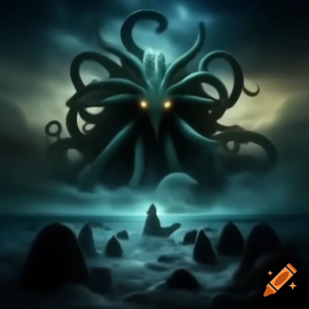 Haunting universe with mythical creatures in ancient sea
